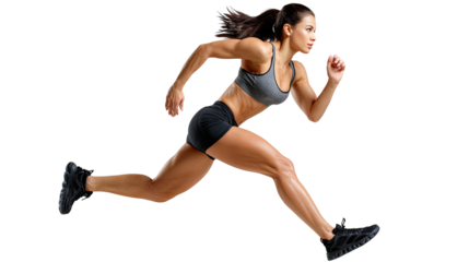 Dynamic Strides: A woman athlete in mid-leap, showcasing athleticism, determination, and grace. She embodies peak fitness.