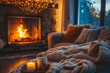 Cozy living room with candles and fireplace