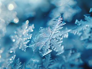 Macro shot of detailed snowflake crystal in cold blue light