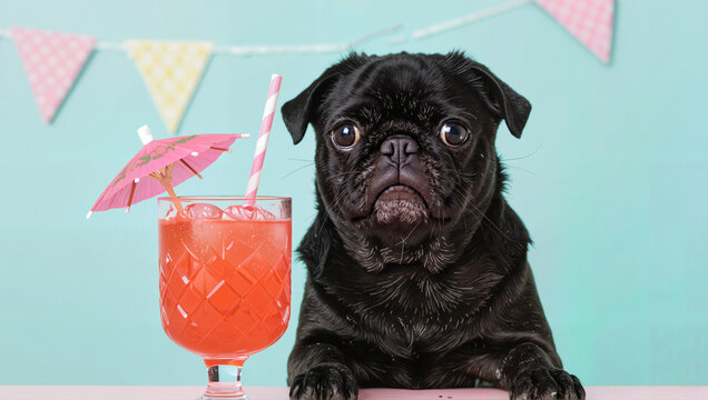 Pug dog with pink cocktail and party bunting on teal background