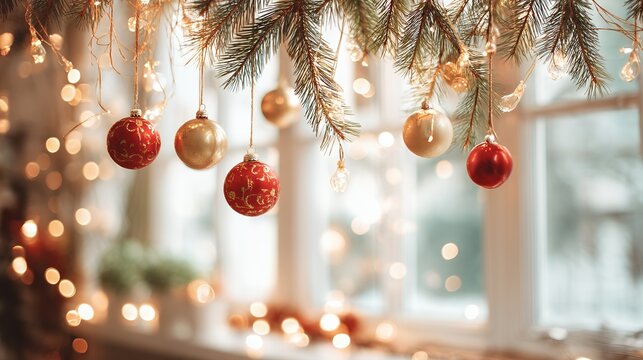 christmas ornaments hanging from branch near window - Powered by Adobe