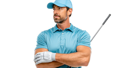 Focused Golfer: A determined golfer stands poised, his gaze fixed with intense focus. The poised golfer, exuding confidence, ready to tee off.