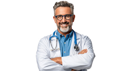 Fototapeta premium Confident Professional: A seasoned, smiling medical professional, embodying expertise and compassion, stands with arms crossed, a symbol of trust, ready to provide care.
