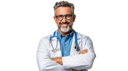 Confident Professional: A seasoned, smiling medical professional, embodying expertise and compassion, stands with arms crossed, a symbol of trust, ready to provide care.