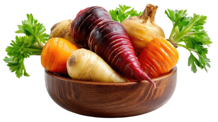 Rainbow Harvest: A vibrant assortment of colorful root vegetables nestled in a rustic wooden bowl, showcasing nature's bounty and culinary delight.
