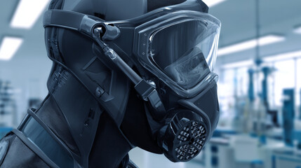 Fototapeta premium Scientist wearing futuristic gas mask in laboratory