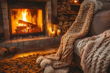 Cozy living room with candles and fireplace