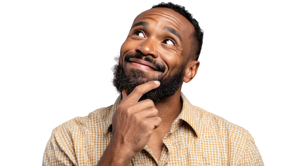 Moment of Reflection: A man, captured in a moment of thoughtful contemplation, gently touches his chin while gazing upwards, revealing a contemplative expression.