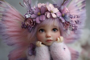close up of a fairy doll with pink wings and floral crown