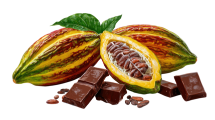 Delicious Cacao: Explore the rich world of cacao, from vibrant pods to the indulgent essence of chocolate bars, a visual symphony of flavors.