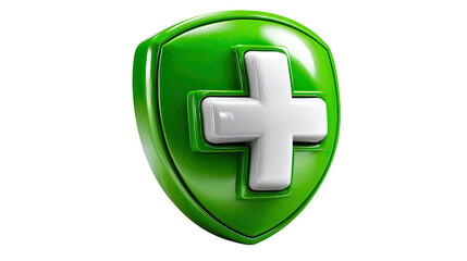 Obraz premium Medical Shield Symbol: A pristine green shield bearing a prominent white cross, symbolizing health, protection, and well-being.