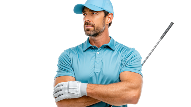 Focused Golfer: A determined golfer stands poised, his gaze fixed with intense focus. The poised golfer, exuding confidence, ready to tee off. - Powered by Adobe