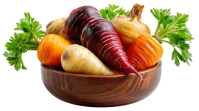 Rainbow Harvest: A vibrant assortment of colorful root vegetables nestled in a rustic wooden bowl, showcasing nature's bounty and culinary delight.