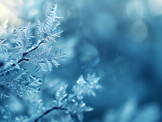 Macro shot of detailed snowflake crystal in cold blue light