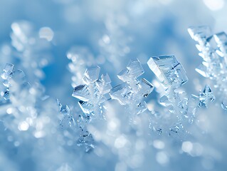 Macro shot of detailed snowflake crystal in cold blue light
