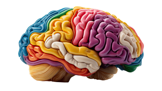 Rainbow Brain: A vibrant and colorful depiction of a human brain, segmented and highlighted in a spectrum of hues, symbolizing the complexity and diversity of thought. 