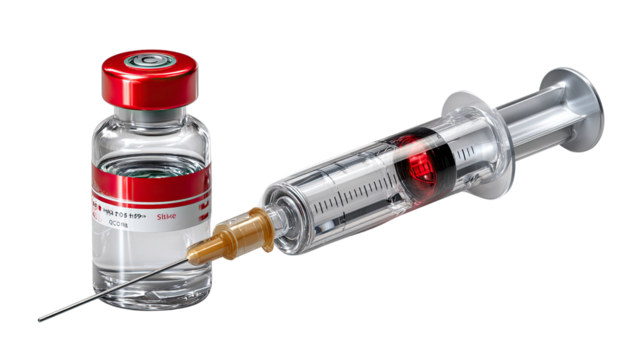 Vaccine Injection: Illustrating a medical vaccination, a syringe stands ready, alongside a vial. The scene conveys essential health and scientific themes.