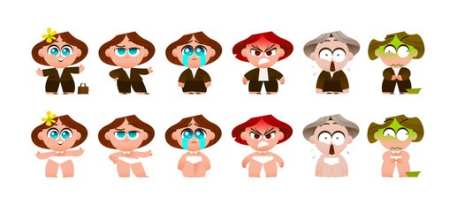 Cute Cartoon Businesswoman Character with Six Emotions in Full Body Poses. Stylish Female in Suit and Underwear Versions. Perfect for Animation, Web, and Creative Illustration Projects.
