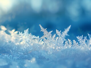 Macro shot of detailed snowflake crystal in cold blue light
