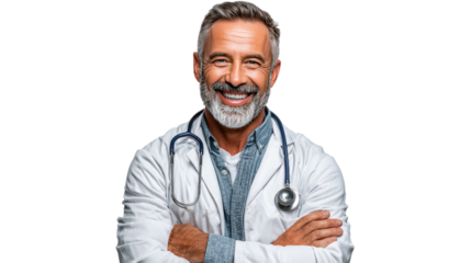 Smiling Healthcare Professional: A close-up shot of a distinguished, middle-aged healthcare provider radiates confidence, trust, and well-being. the stethoscope hangs around his neck.