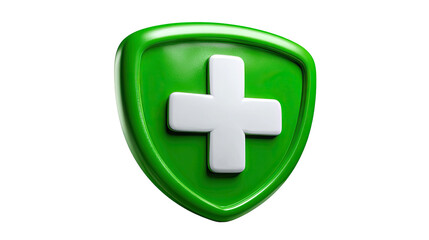 Obraz premium Protection and Well-being Symbol: A visually striking green shield, bearing a white cross, embodies protection, healthcare, and safety, a symbol of well-being and security.