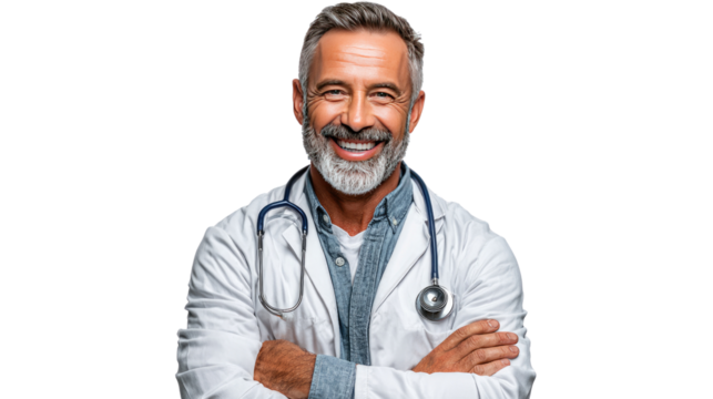 Smiling Healthcare Professional: A close-up shot of a distinguished, middle-aged healthcare provider radiates confidence, trust, and well-being. the stethoscope hangs around his neck.