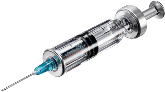 Medical Precision: A close-up view of a medical syringe, showcasing its sharp needle and precise calibrations, ready for a vital injection.