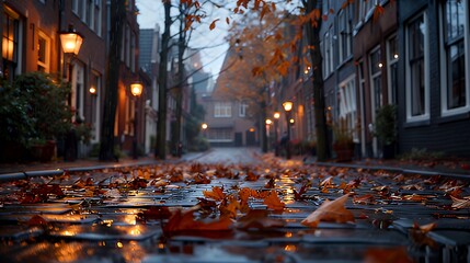 Autumn leaves on wet cobblestone street