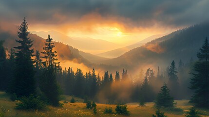 Sunrise over misty mountain valley with pine forest