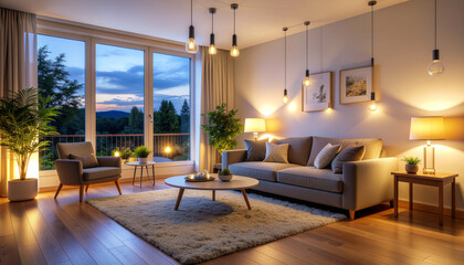 Serene modern living room sanctuary bathed in warm evening light with stunning sunset views over lush green hills