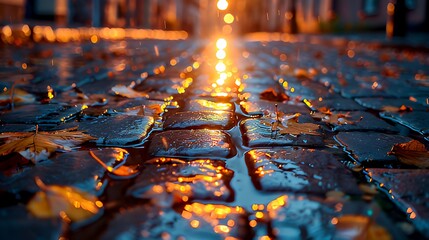 Autumn leaves on wet cobblestone street