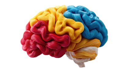 Brain: A vivid conceptualization of the human brain, segmented and color-coded to highlight its distinct regions and functions, symbolizing intellect, knowledge.