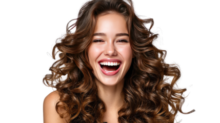 Joyful Radiance: A portrait of unbridled joy, showcasing a woman with a genuine, captivating smile, framed by cascading, lustrous hair.