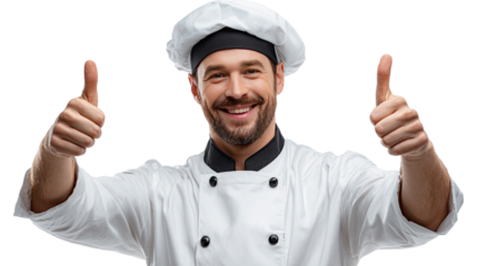 Cheerful Chef with Thumbs Up: A friendly chef, dressed in traditional attire, flashes a warm smile and a double thumbs-up, radiating positivity and confidence.