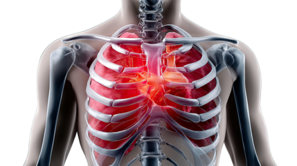 Anatomy of the Human Chest: Detailed medical illustration of a human chest, showcasing the skeletal structure and vital internal organs.