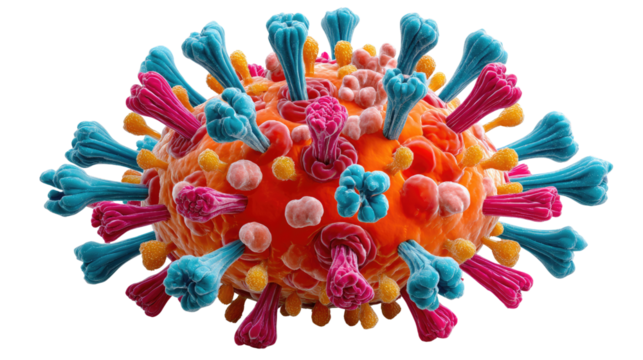 Microscopic View: A vibrant, detailed depiction of a virus particle, showcasing its complex structure and biological components with striking clarity. - Powered by Adobe
