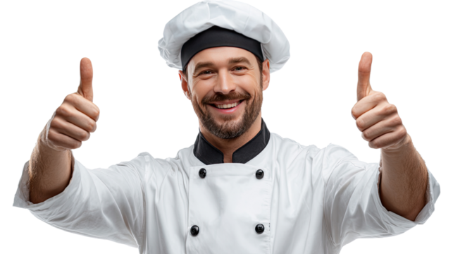 Cheerful Chef with Thumbs Up: A friendly chef, dressed in traditional attire, flashes a warm smile and a double thumbs-up, radiating positivity and confidence.