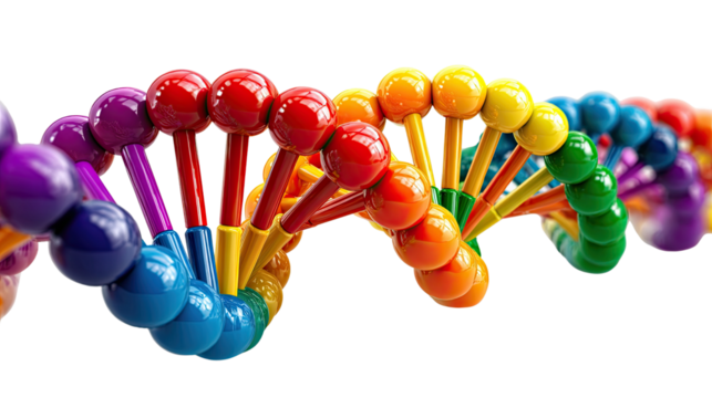 DNA strand in rainbow colors: A vibrant and colorful depiction of a DNA strand, rendered in a spectrum of rainbow hues, illustrating the core of life and scientific marvel.