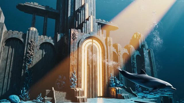 A lone dolphin explores the majestic ruins of an ancient underwater city illuminated by a divine sunbeam.