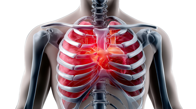 Anatomy of the Human Chest: Detailed medical illustration of a human chest, showcasing the skeletal structure and vital internal organs.