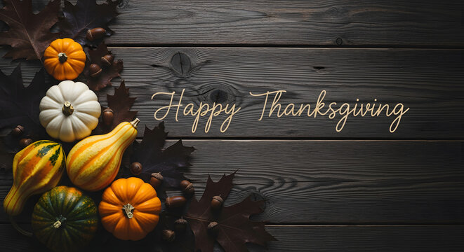 Happy Thanksgiving Text with Miniature Gourds on Dark Wood Background