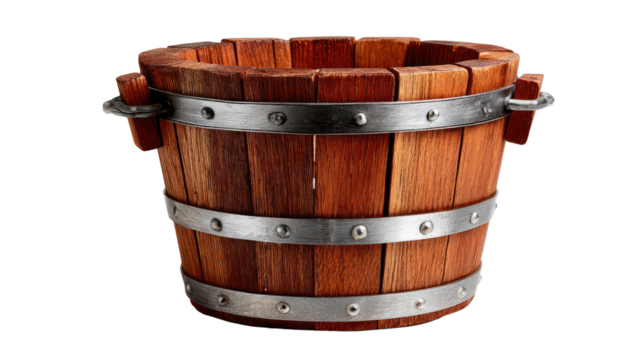 Wooden Bucket: A beautifully crafted wooden bucket, showcasing the natural textures and warm tones of the wood. The metal bands add a touch of rustic charm to this classic piece. 