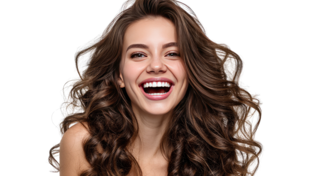 Radiant Smile of Beauty: A young woman radiates pure joy and confidence, her expressive eyes sparkling with mirth, framed by a cascade of voluminous, flowing hair.