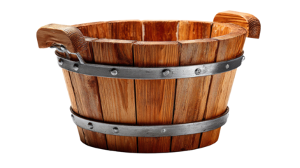 Rustic Wooden Bucket: A meticulously crafted wooden bucket stands, its natural wood grain and metal bands showing its durability and classic charm.