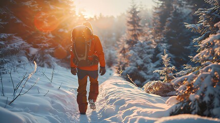 Hiker walking through snowy forest trail at sunrise