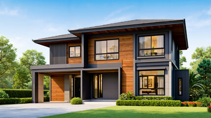 Fototapeta premium House modern architecture design two-story exterior windows roof siding landscaping driveway entrance porch outdoor daylight sunny blue sky