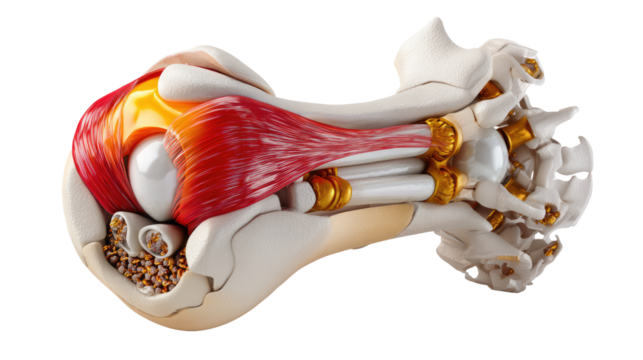Human shoulder anatomical illustration: detailed illustration of human shoulder anatomy, showcasing bones, muscles, tendons, and ligaments. A perfect visual for medical education and science.