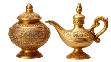 Golden Treasures: A captivating still life showcases a radiant gold lamp and ornate vessel, exuding an aura of antique charm, evoking stories of ancient times and rich cultural heritage.