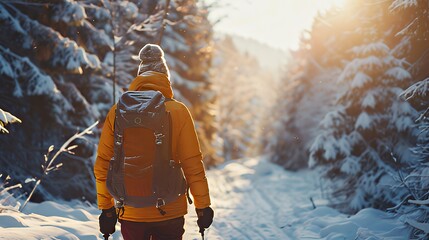 Hiker walking through snowy forest trail at sunrise