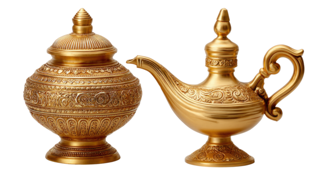 Golden Treasures: A captivating still life showcases a radiant gold lamp and ornate vessel, exuding an aura of antique charm, evoking stories of ancient times and rich cultural heritage.